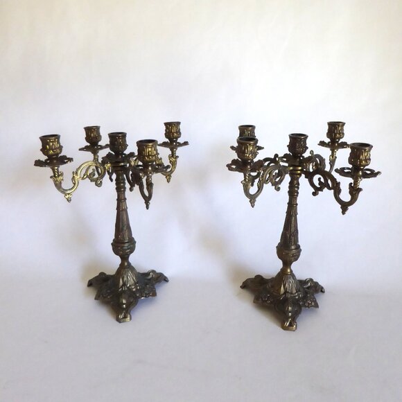 Other - VINTAGE 11.5” GOTHIC STYLE BRASS CANDELABRA 5 ARM CANDLE HOLDER MOVING ARMS SET